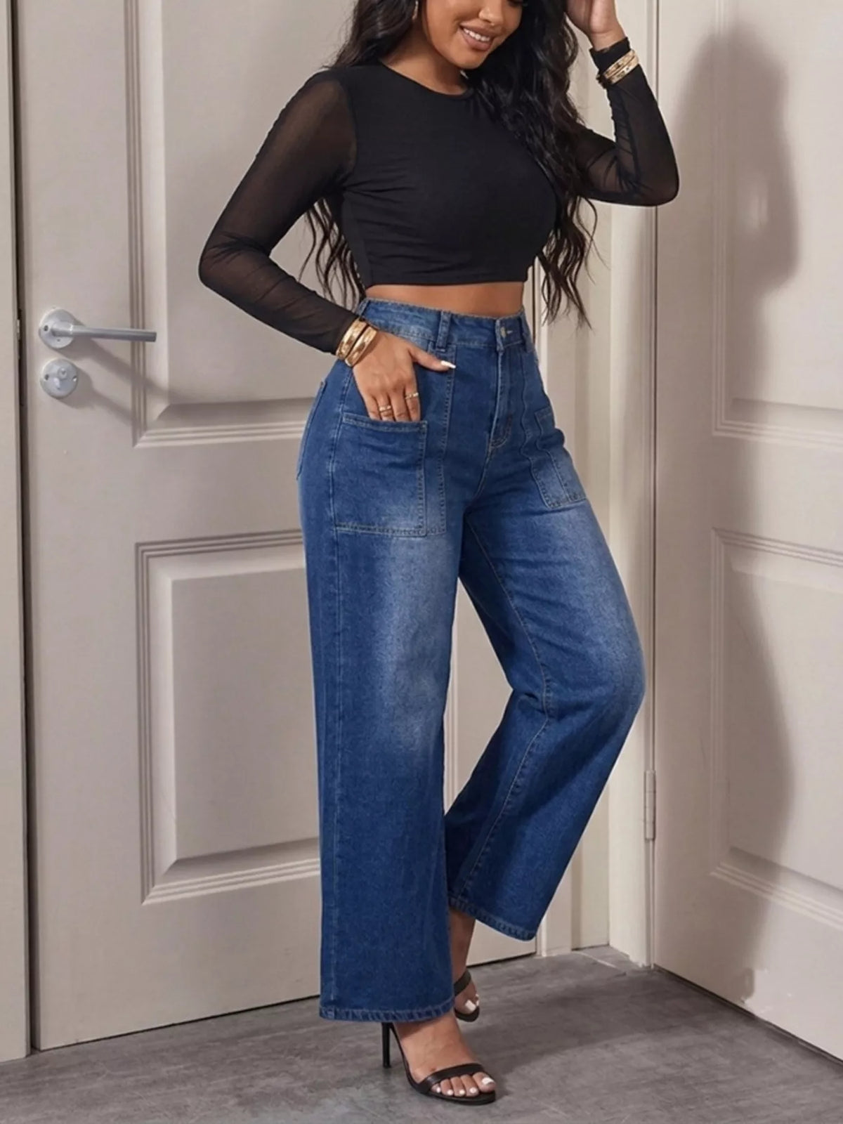 High-Waisted Patch Pocket Wide-Leg Jeans in blue, front view