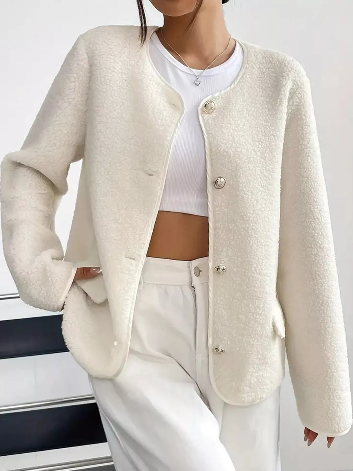 White textured button-front jacket — front view