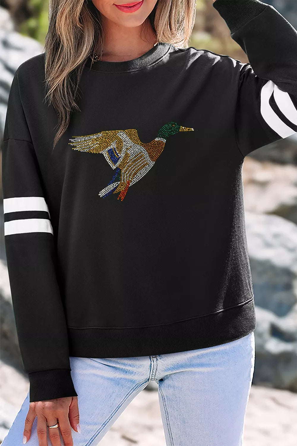 Black rhinestone mallard striped-sleeve sweatshirt, sleeve stripe detail