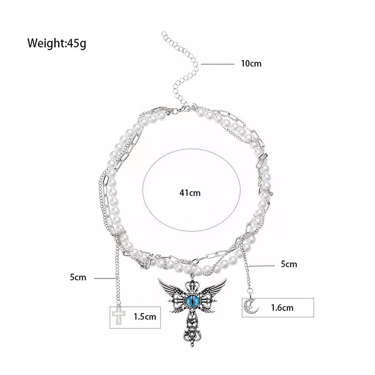 Trendsi Gothic Pearl Double Layered Necklace with Wing Pendant -