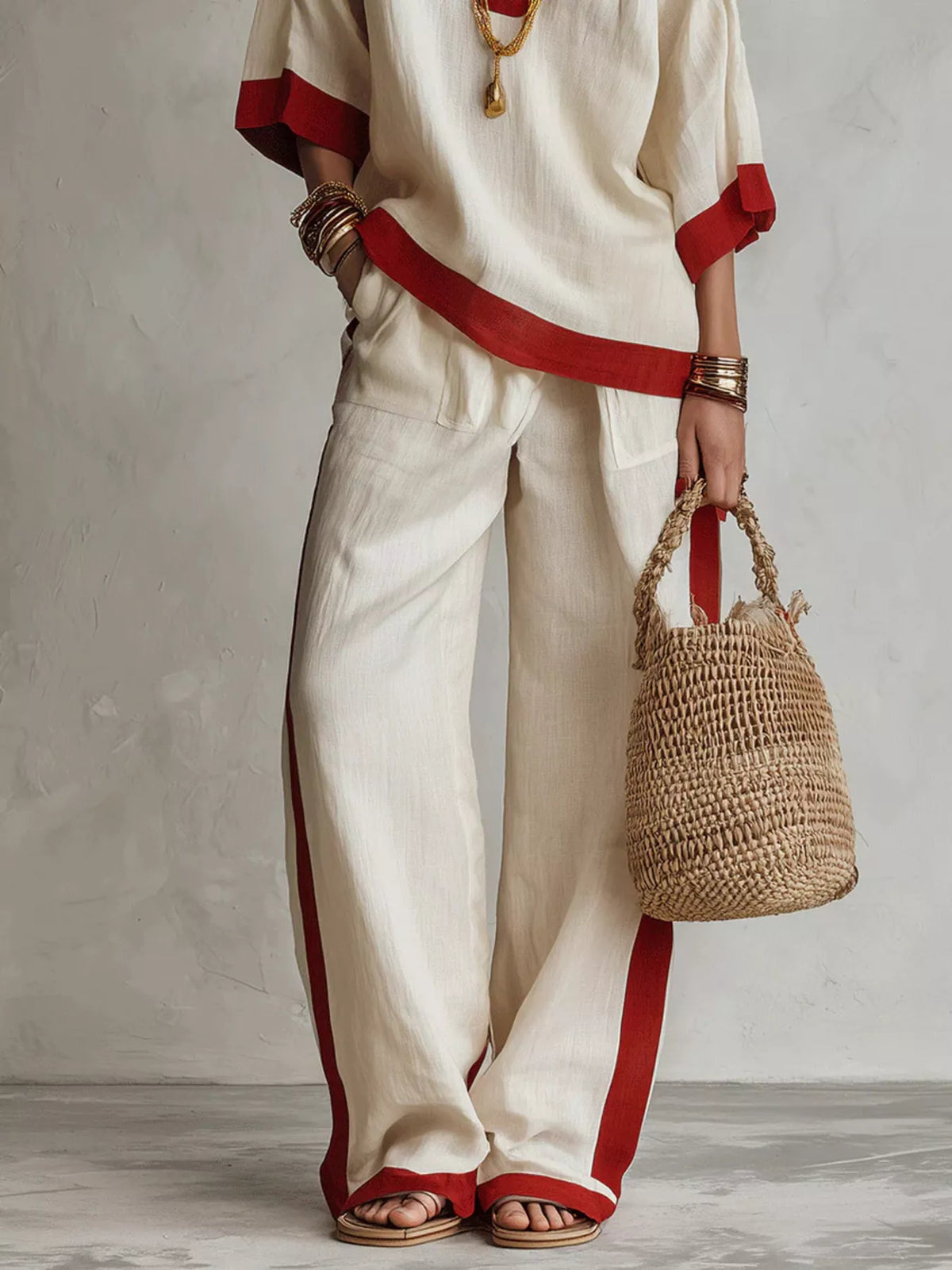 Contrast Trim Top and Wide Leg Pants Set in beige, pants detail