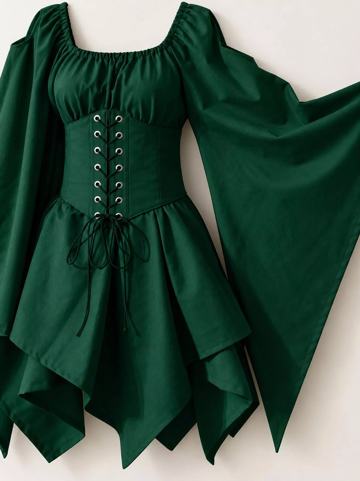 Lace-up asymmetric dress, green lace up bodice detail