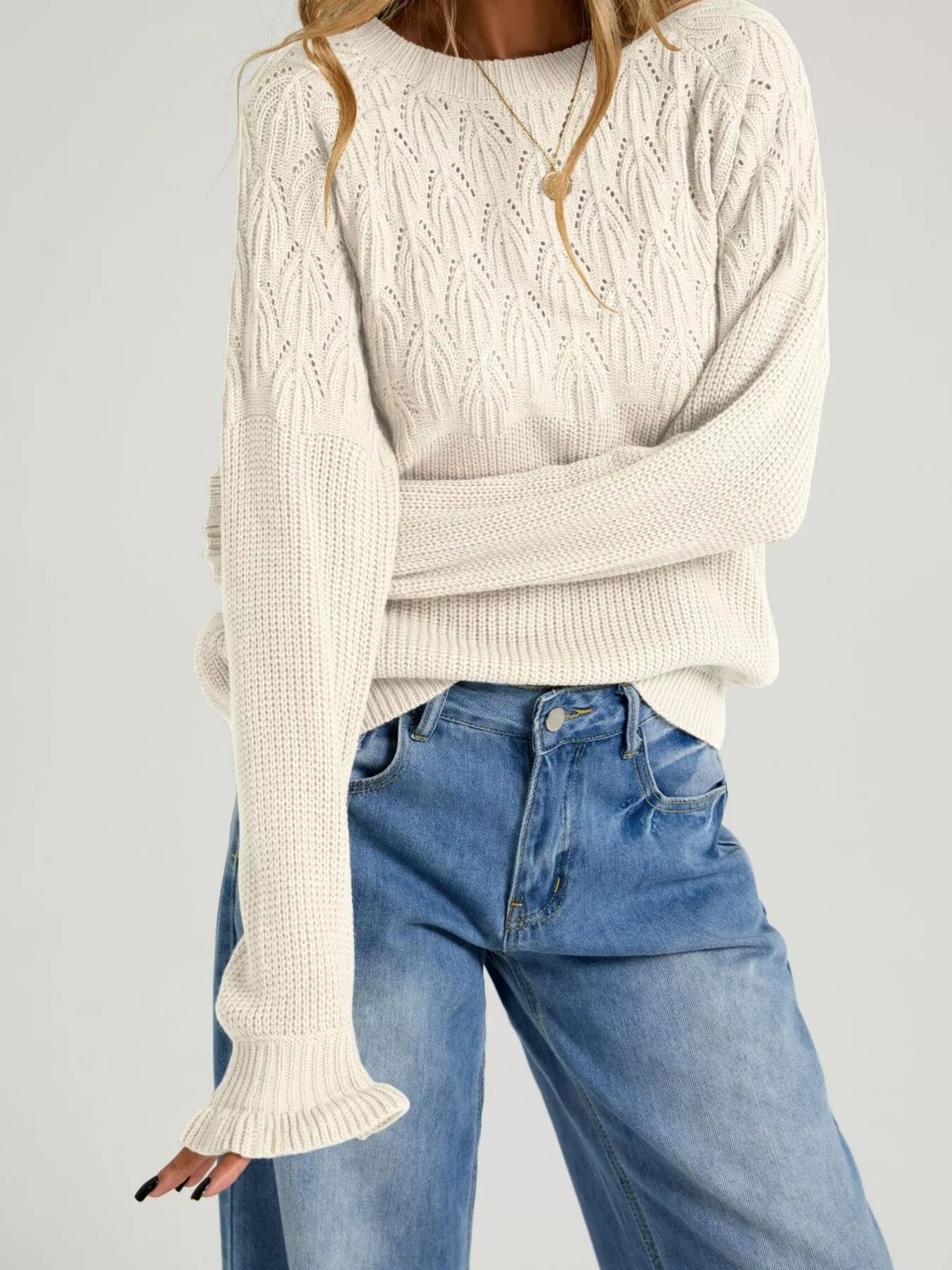 Trendsi Pointelle Knit Round Neck Sweater -