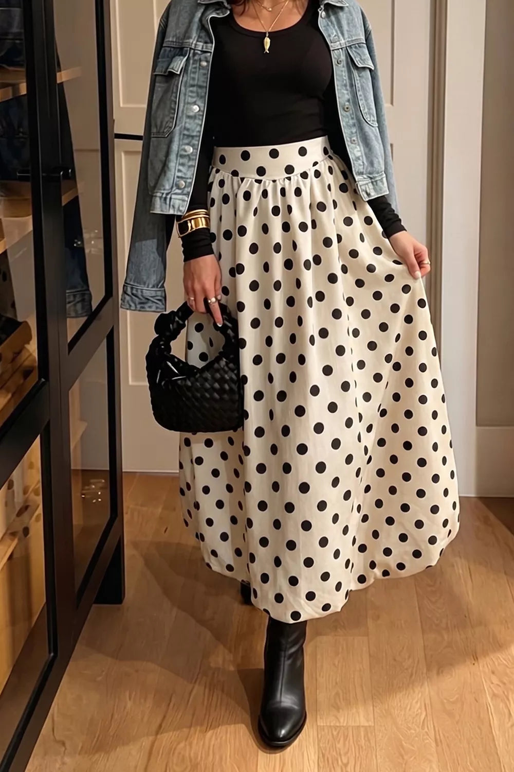 Beige polka dot bubble hem midi skirt