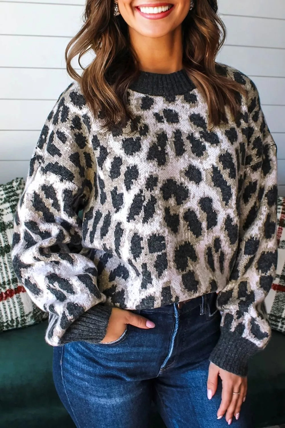 Trendsi Leopard Drop Shoulder Baggy Sweater -