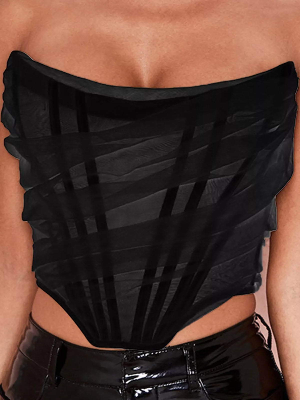 Corset Style Ruched Tube Top, detail view in black
