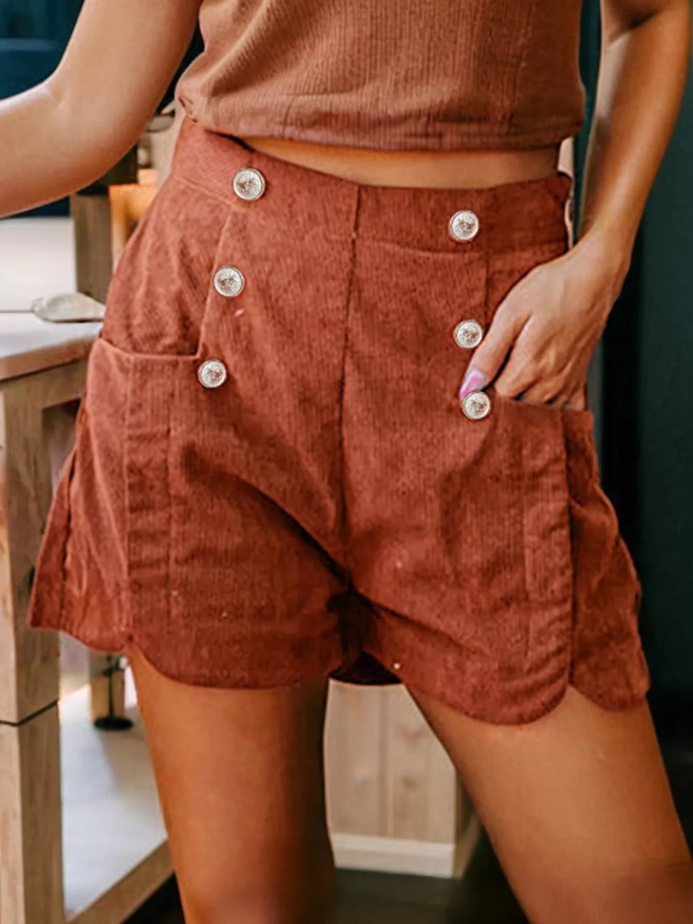 Trendsi Button Decor Scalloped Edge High Waist Corduroy Shorts -