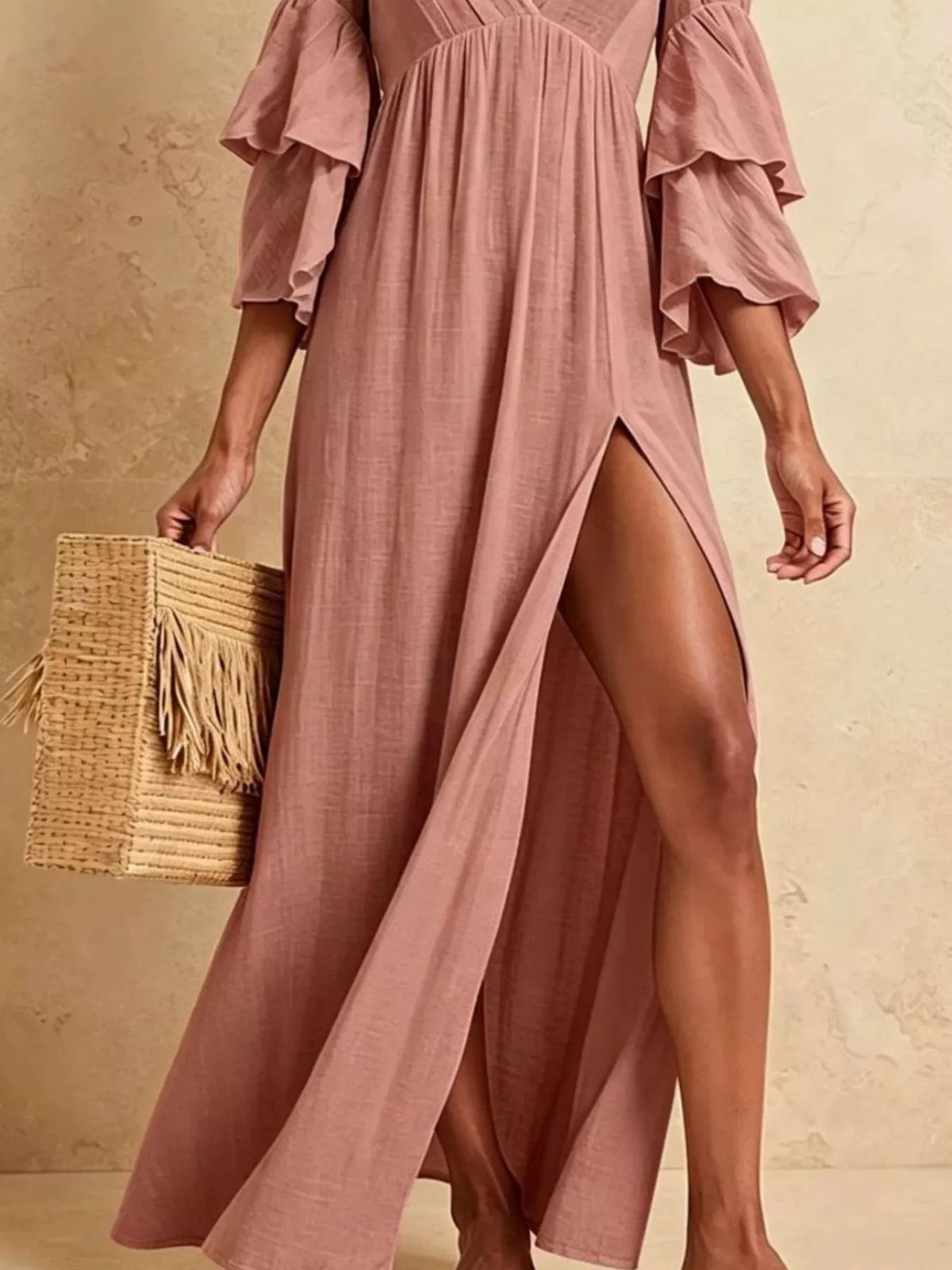Dusty pink tiered ruffle sleeves high slit v-neck maxi dress