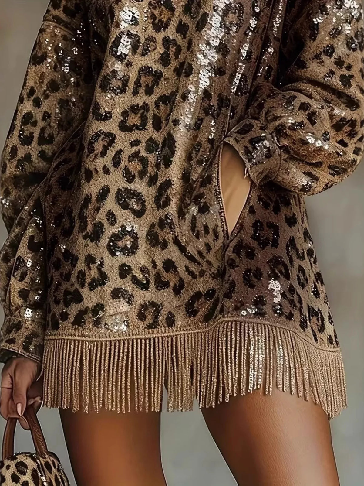 Women's Leopard Sequin Mock Neck Fringe Hem Mini Dress in Leopard, back view