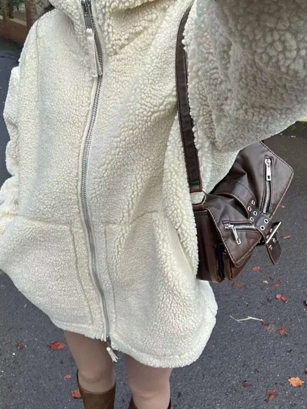 Beige oversized sherpa fleece zip-up jacket