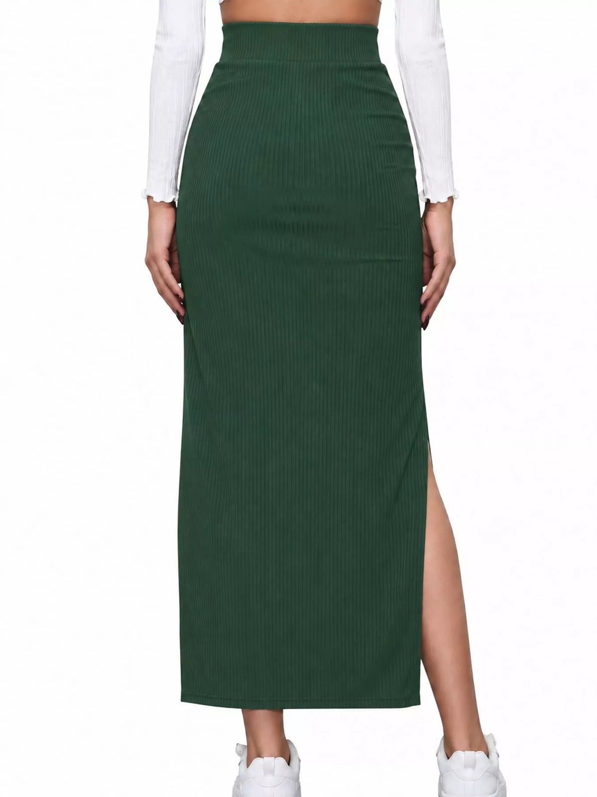 Green side slit skirt — back view