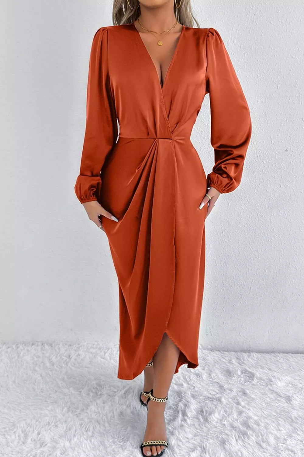 Trendsi Satin Balloon Sleeve Midi Dress -