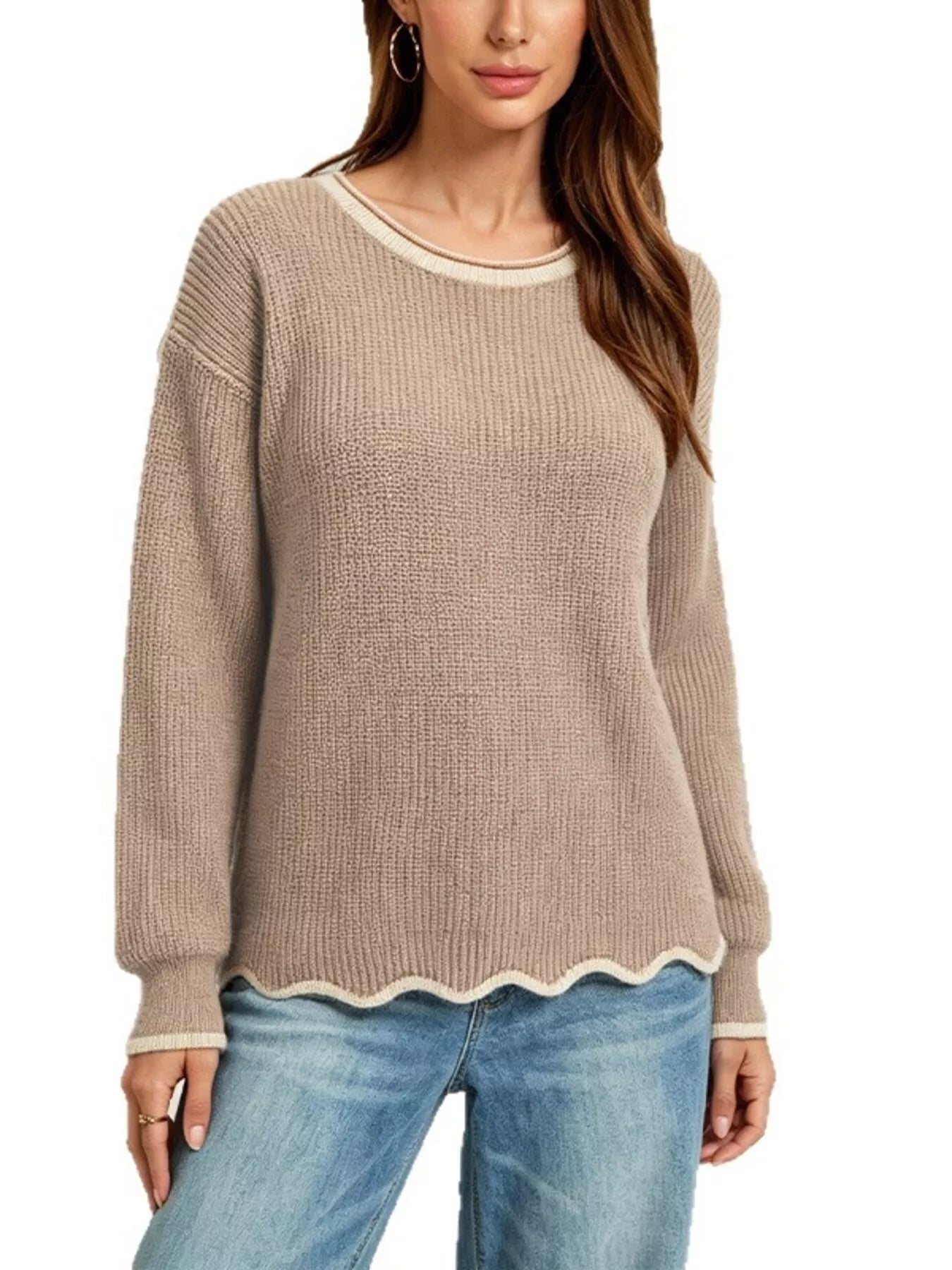 Trendsi Contrast Trim Scalloped Hem Ribbed Knit Sweater -