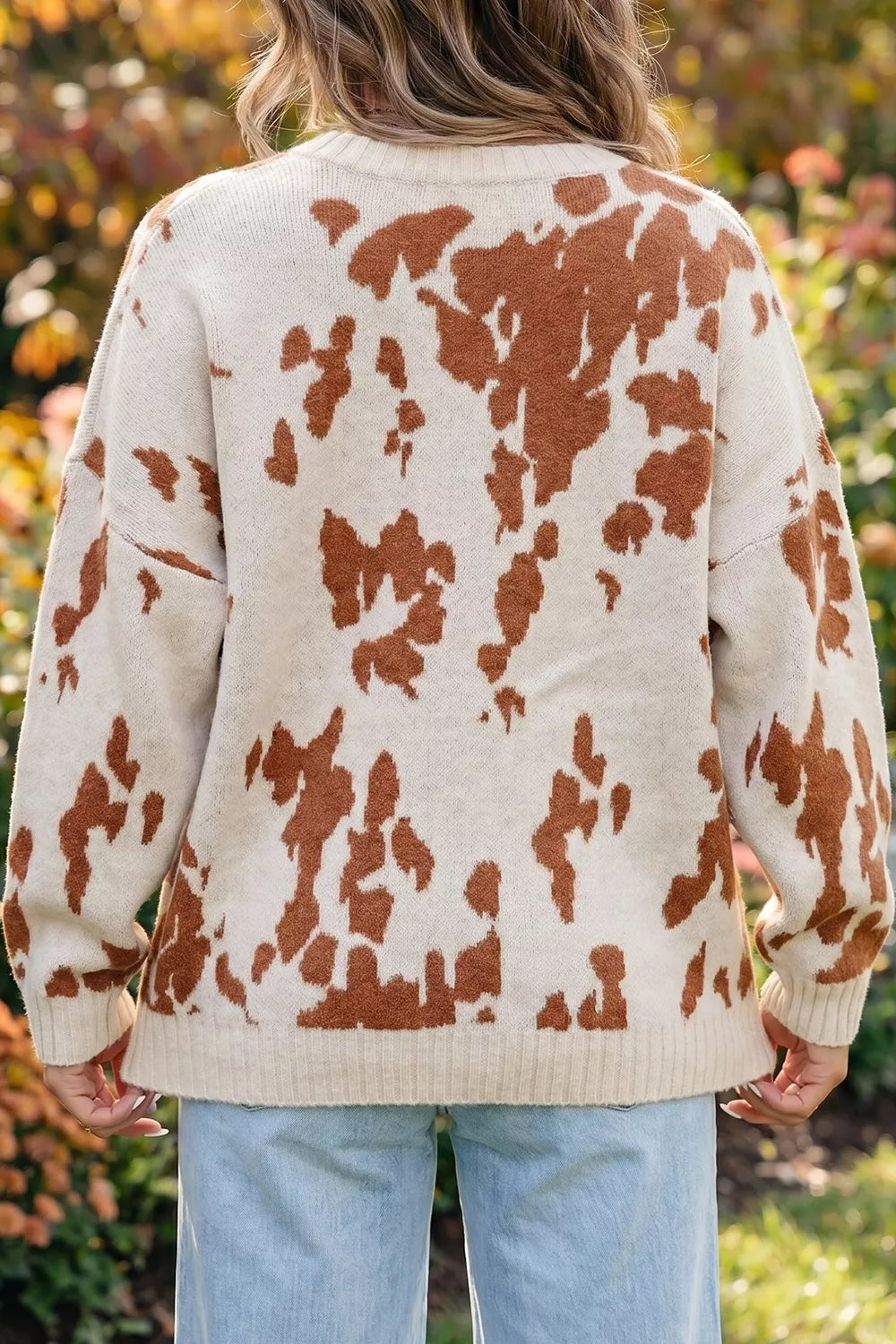 Trendsi Abstract Print Drop Shoulder Long Sleeve Round Neck Sweater -