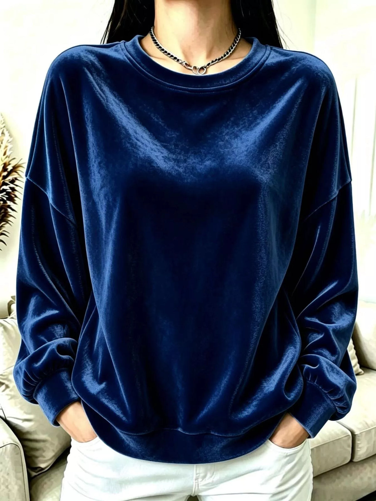 Women's Velvet Dropped Shoulder Sweatshirt in navy — front view