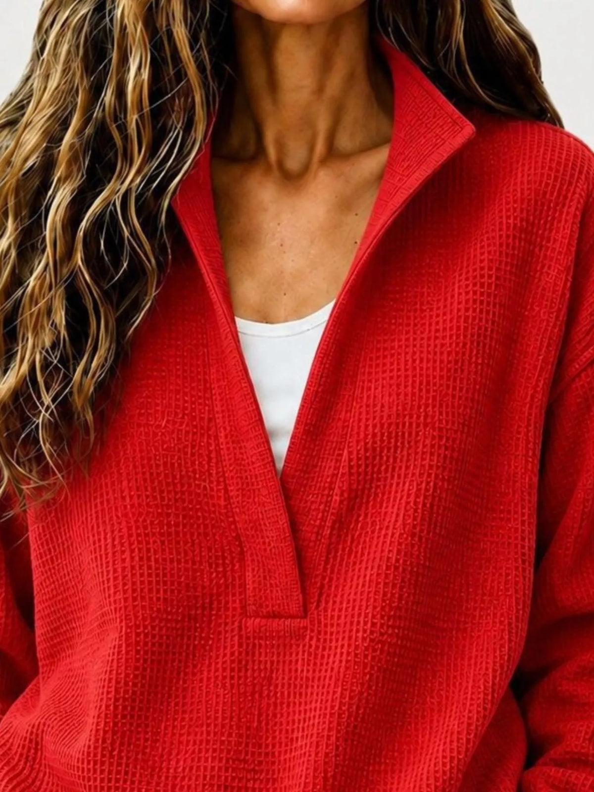 Scarlet Waffle Knit Dropped Shoulder Sweatshirt detail view