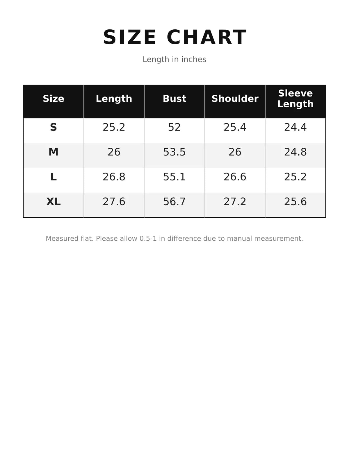 Size chart for faux fur lined hooded zip up jacket