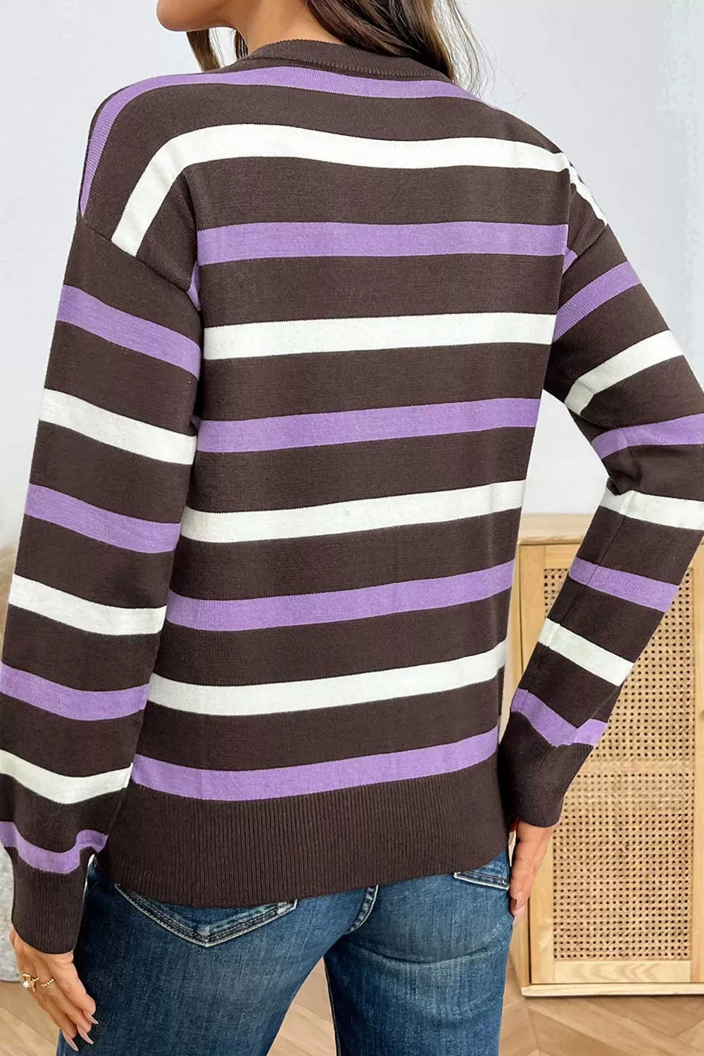 Trendsi Stripe Embroidered Detail Drop Shoulder Sweater -