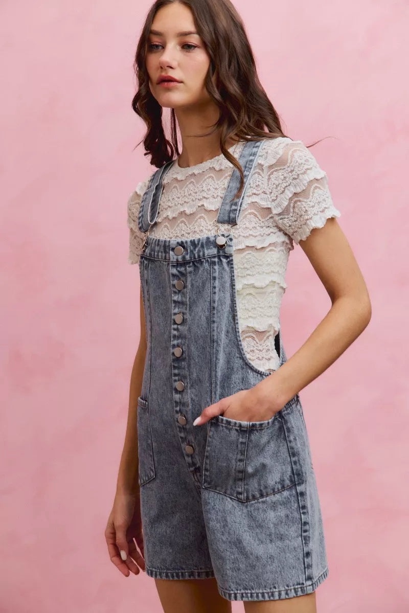 Women's Denim Romper With Adjustable Straps Button Front Acid Wash — product view 10