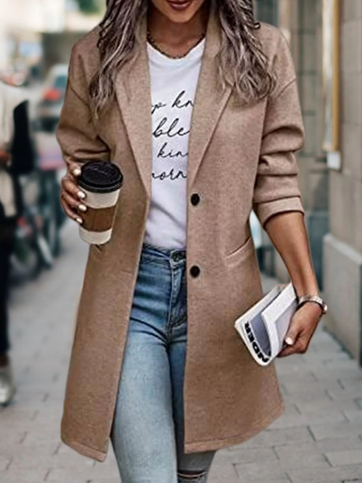 Camel lapel collar button-up coat