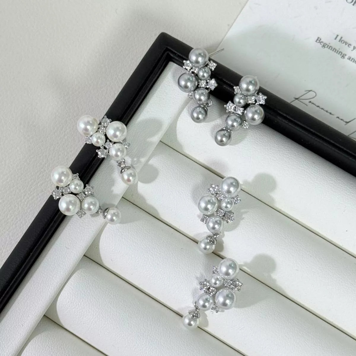 Women's Synthetic Pearl Cluster Drop Earrings Sterling Silver Zircon