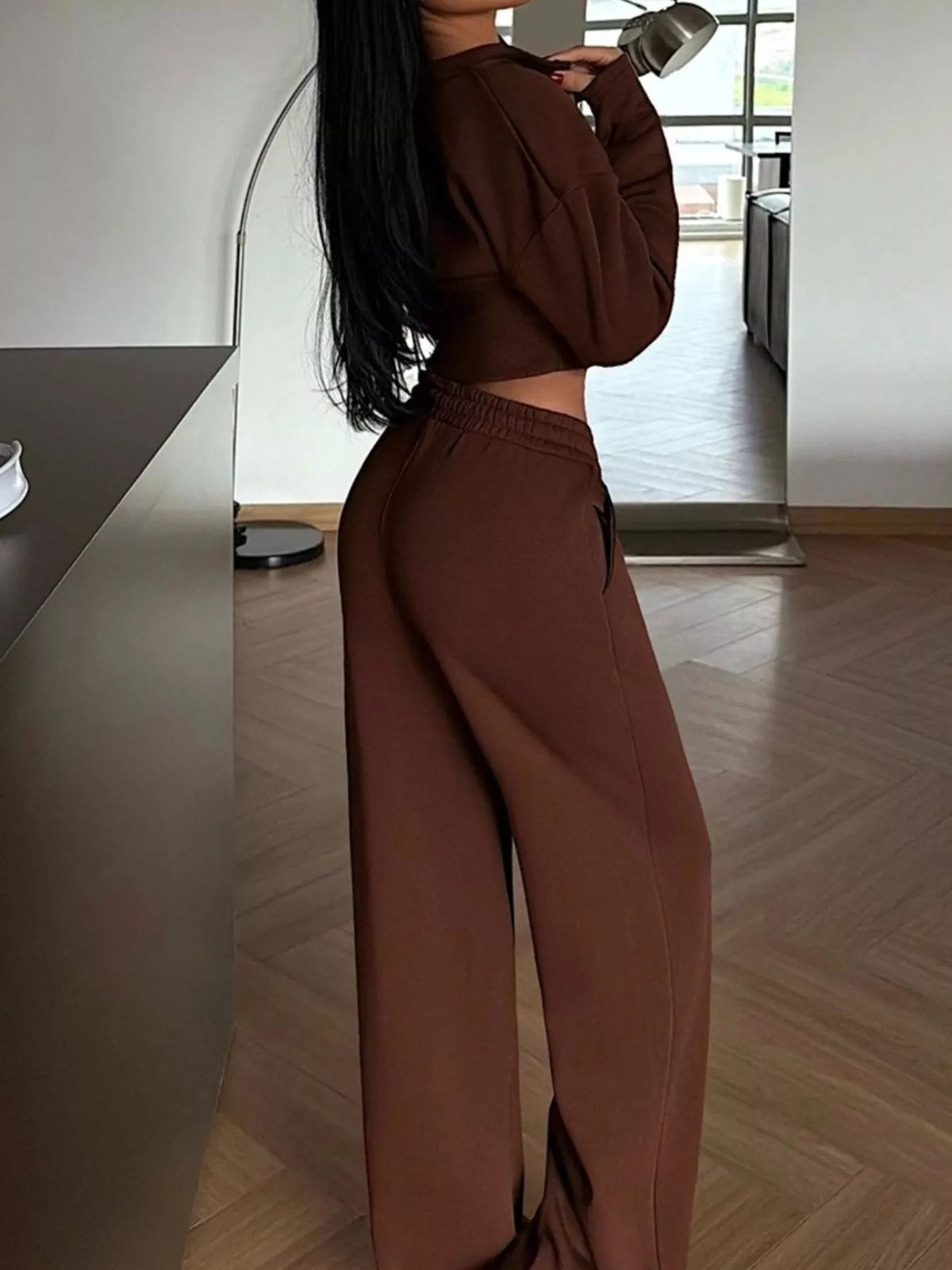 Trendsi Zip-Up Crop Jacket and Wide-Leg Pants Set -
