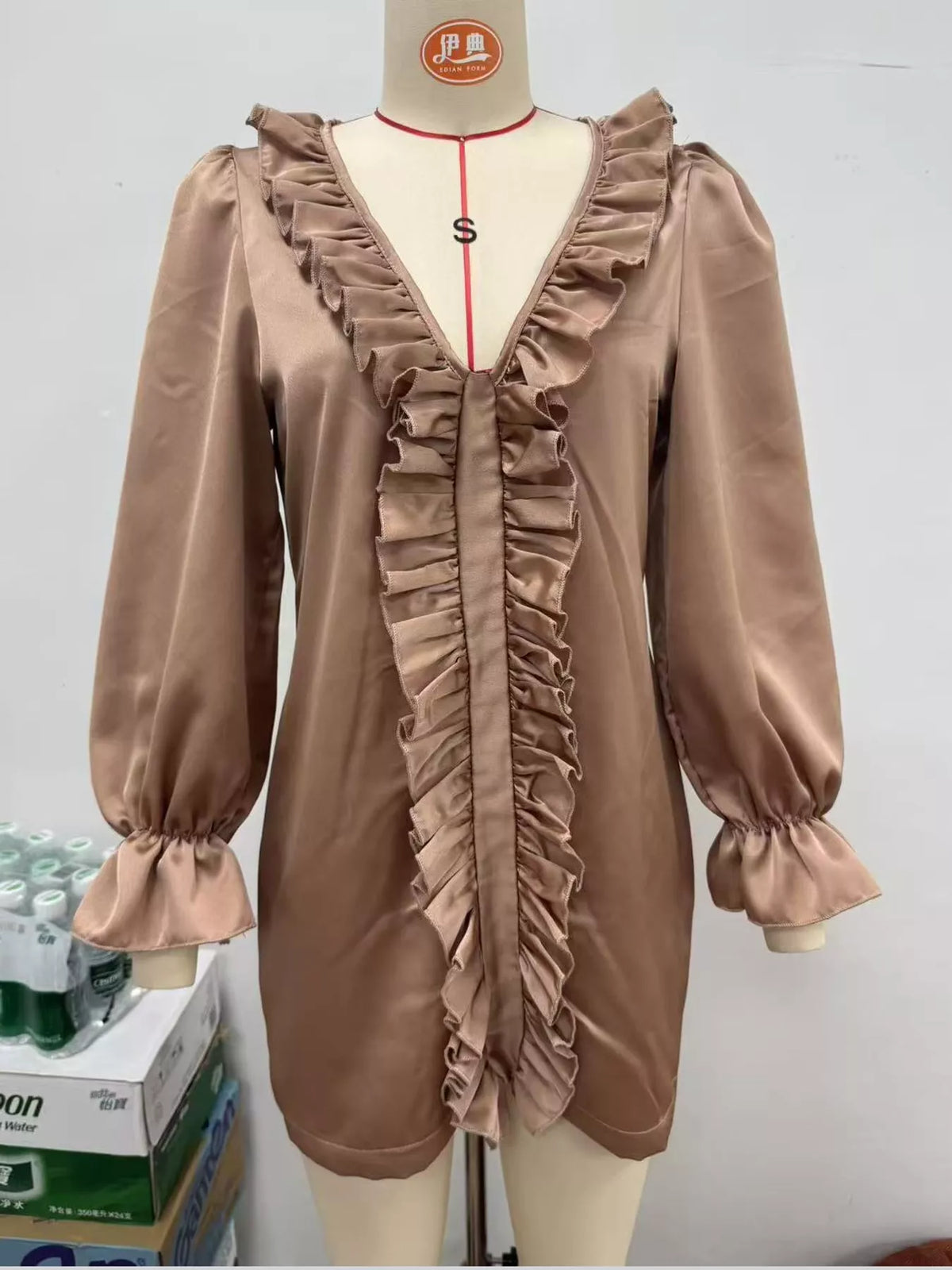 Ruffle Trim Puff Sleeve Mini Dress in champagne, front view