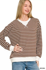 Trendsi Zenana Contrast Striped Round Neck Sweatshirt -