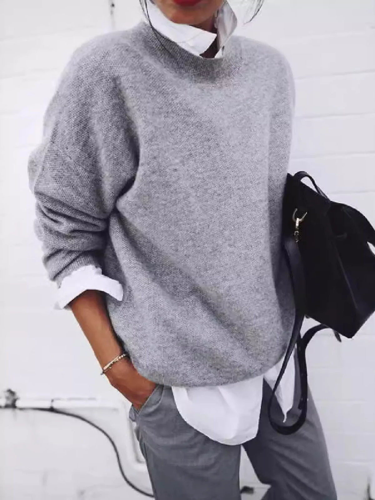 Gray Round Neck Long Sleeve Sweater front view