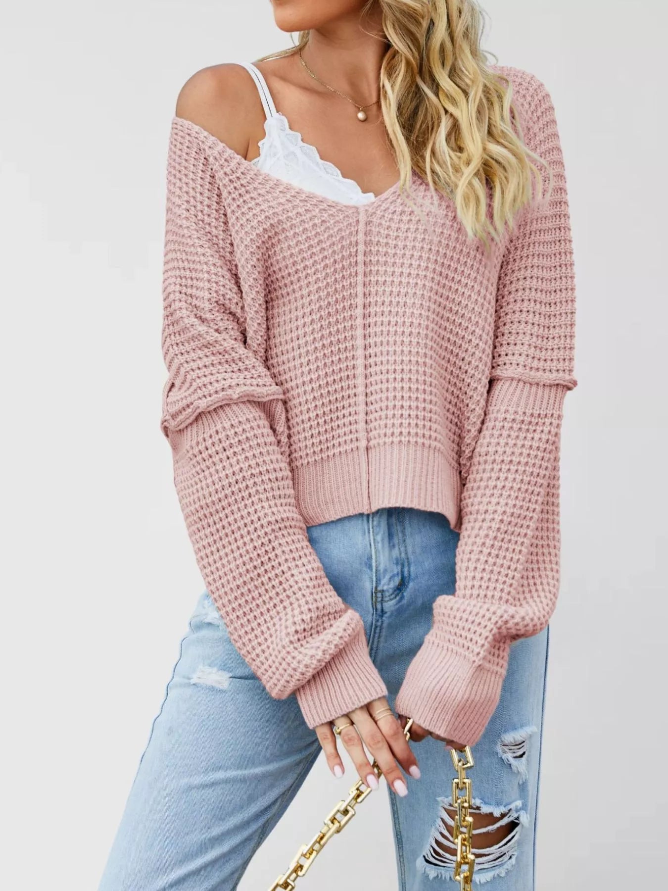 Trendsi Waffle Knit Dropped Shoulder Sweater -