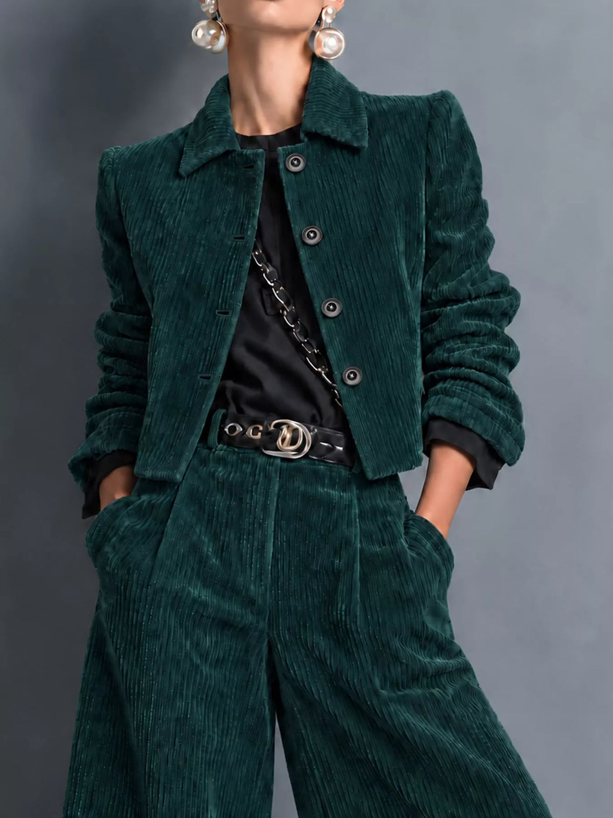 Corduroy Button Up Blazer and Pants Set, detail view in dark green