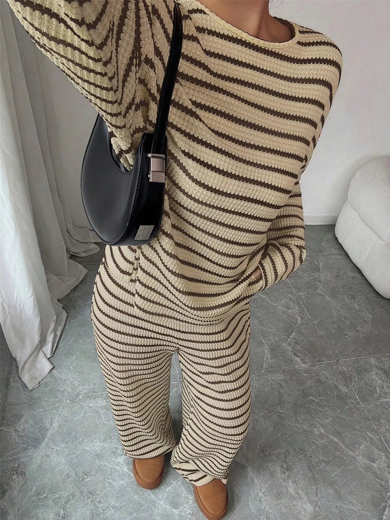 Trendsi Striped Knit Dropped Shoulder Top and Pants Set -