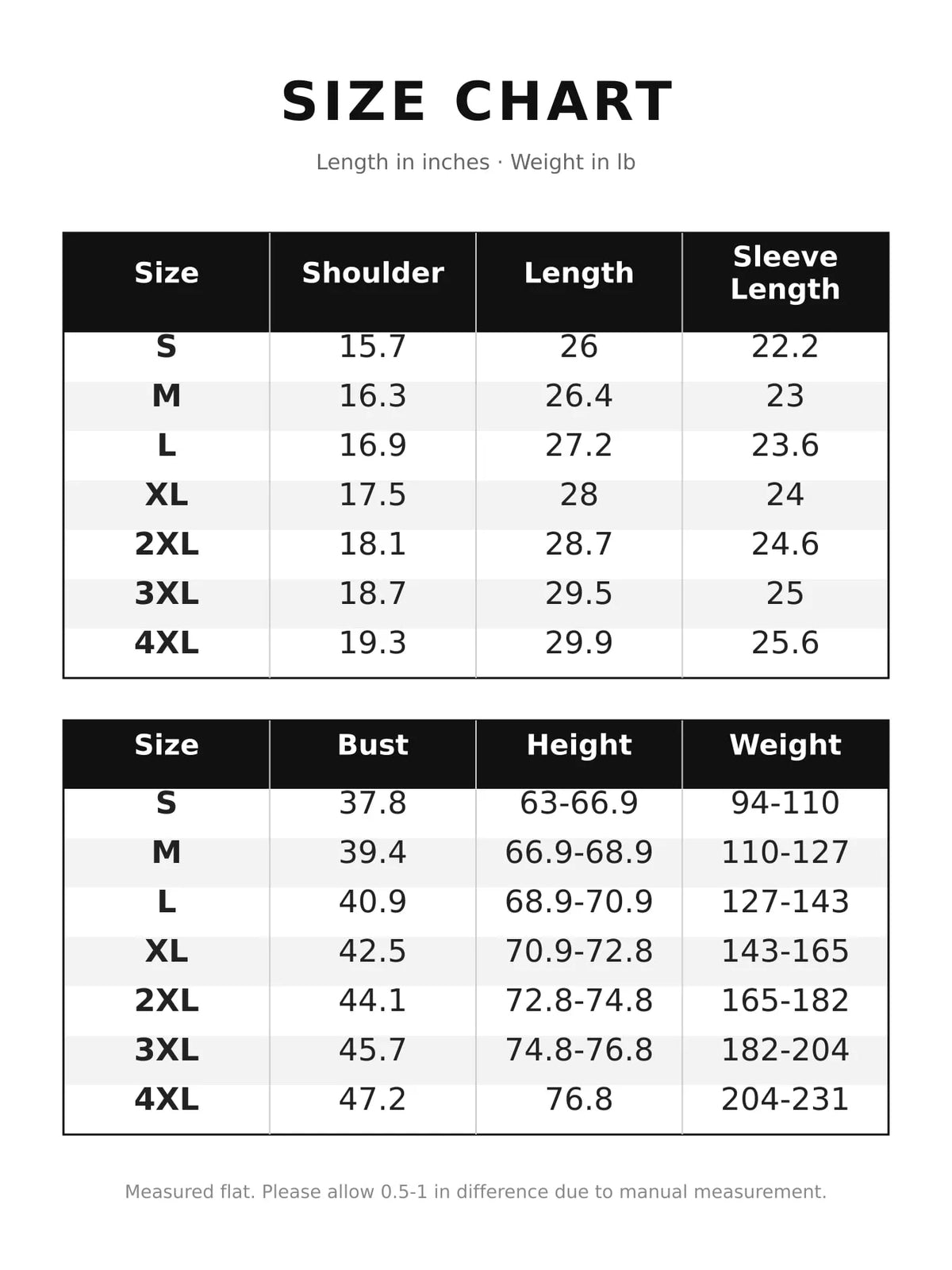 Solid Long-Sleeve Crew Neck T-Shirt — size and measurement chart
