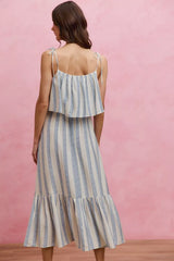 Trendsi SO ME Stripe Tiered Shoulder Tie Midi Lined Dress -
