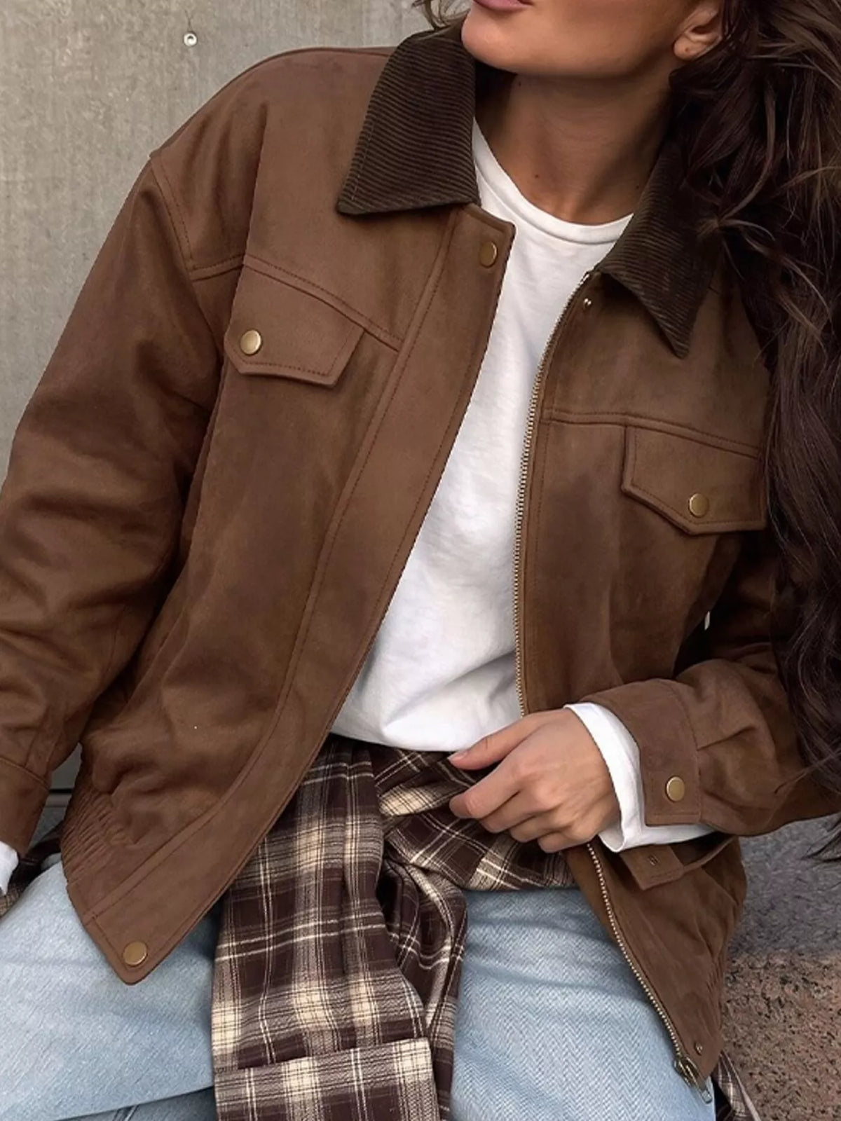 Brown zip-up dropped shoulder jacket — front view