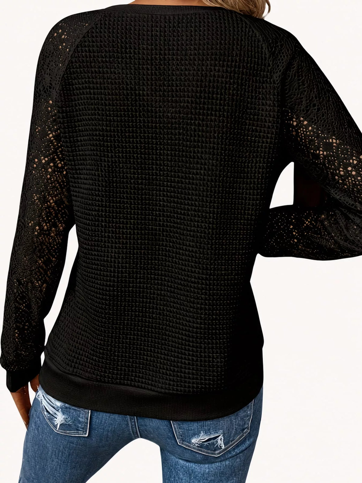 Waffle-knit lace-sleeve top, black back