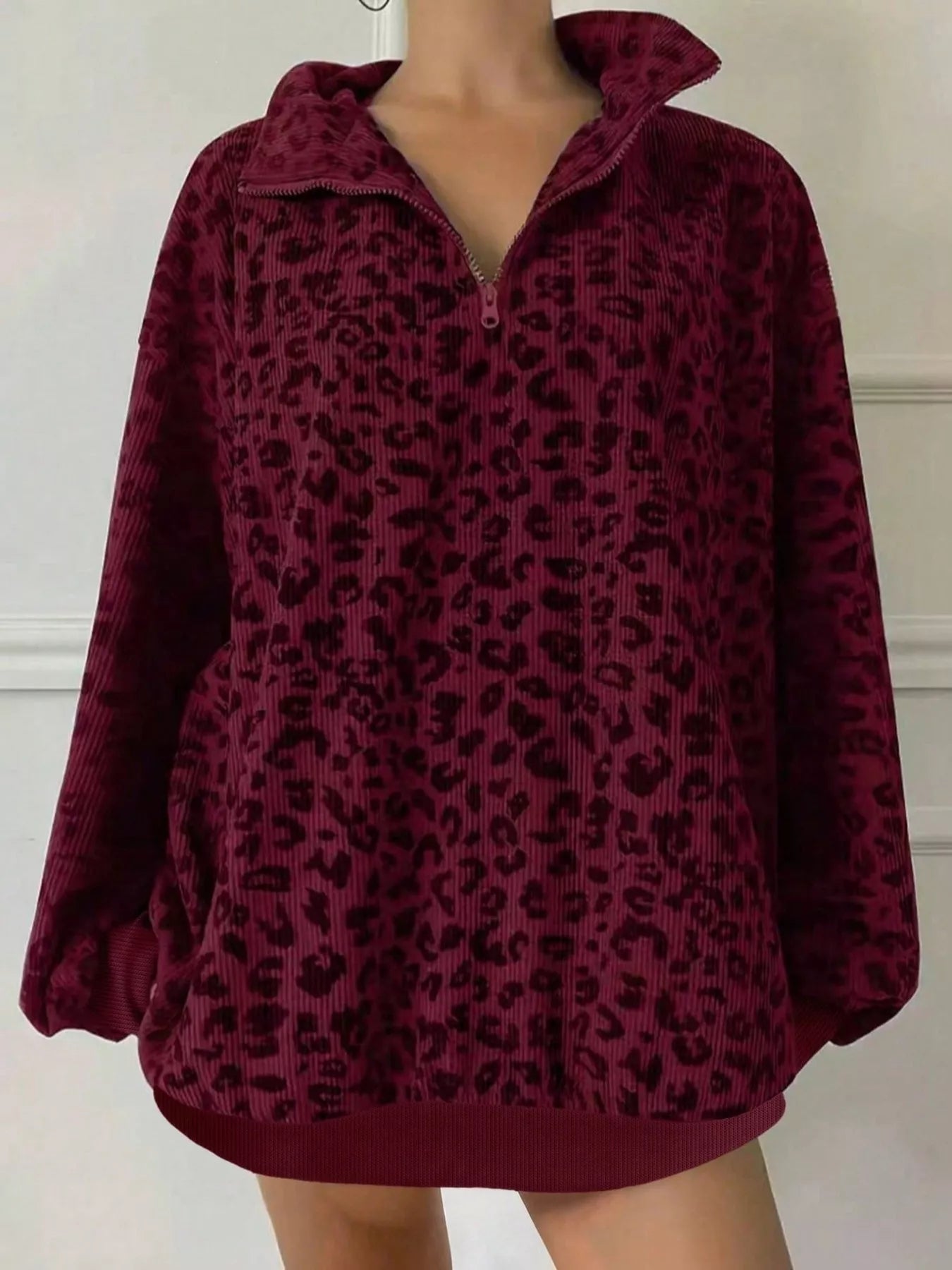 Trendsi Leopard Print Quarter-Zip Sweatshirt -