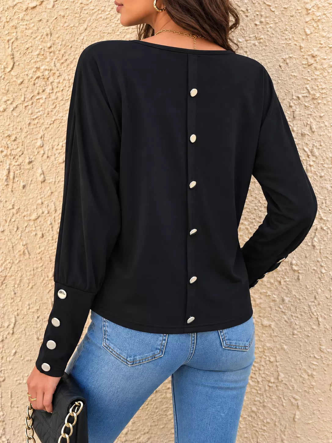 Decorative Button V-Neck Long Sleeve T-Shirt, back view in black