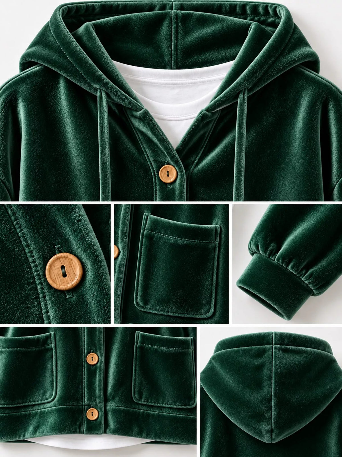 Green velvet dropped shoulder hoodie, detail view