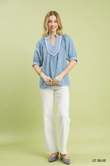 Trendsi Umgee Textured Jacquard Contrast Trim Top -