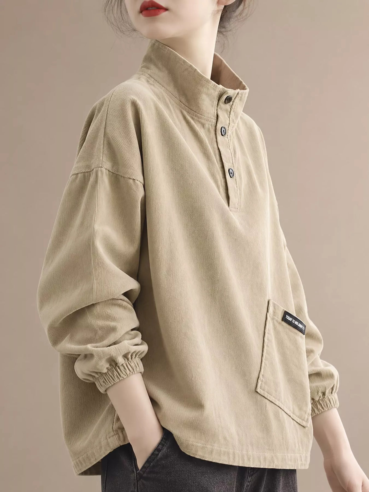 Apricot-New Arrival-Spring And Fall button detail dropped shoulder sweatshirt