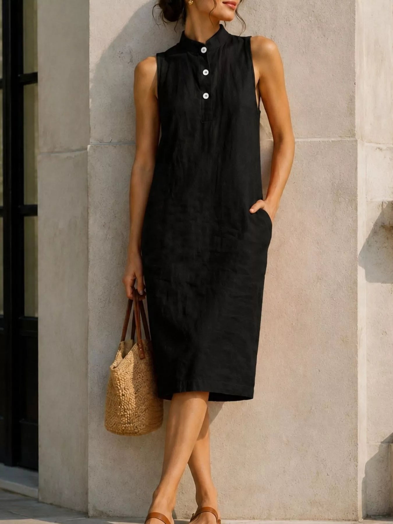 Trendsi Button Detail Sleeveless Midi Dress -