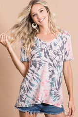 Trendsi BiBi Tie Dye Print Terry Deep U Neck Top -