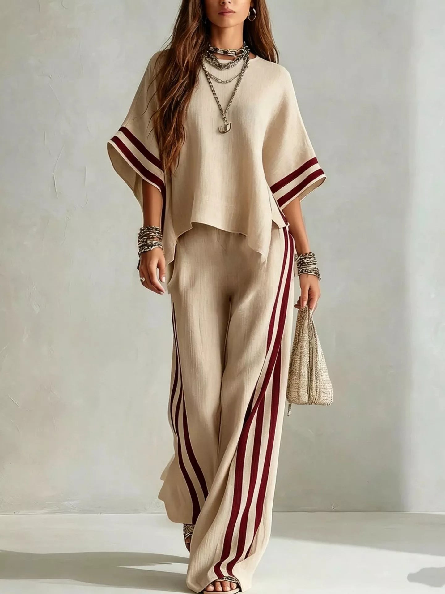 Trendsi Full Size Striped 3/4 Sleeve Top and Pants Set Plus Size -