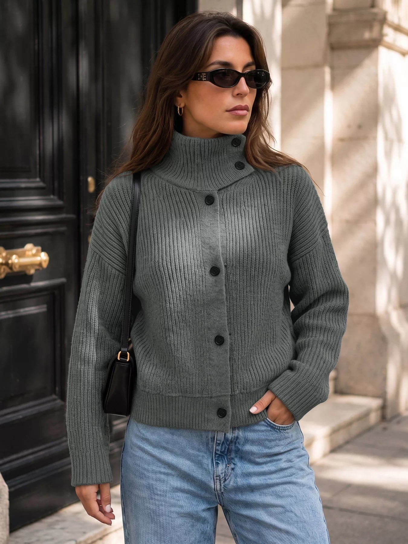 Trendsi Turtleneck Button-Down Cardigan -