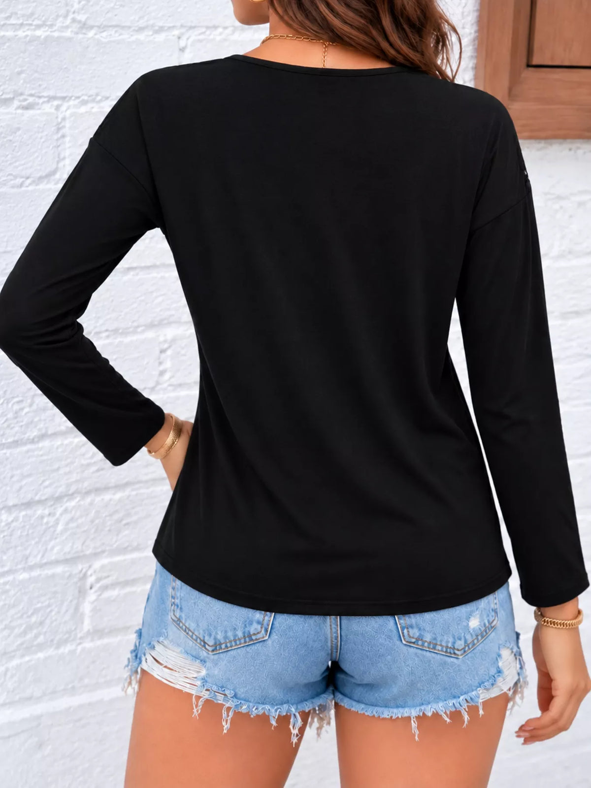 Lace Detail Long Sleeve T-Shirt, back view in black
