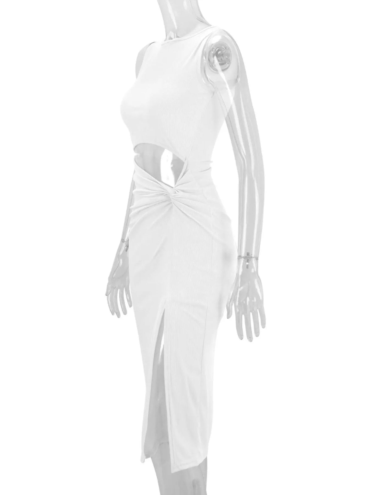 Women's Sleeveless Cut-Out Ruched High-Slit Bodycon Dress in white — mannequin side view