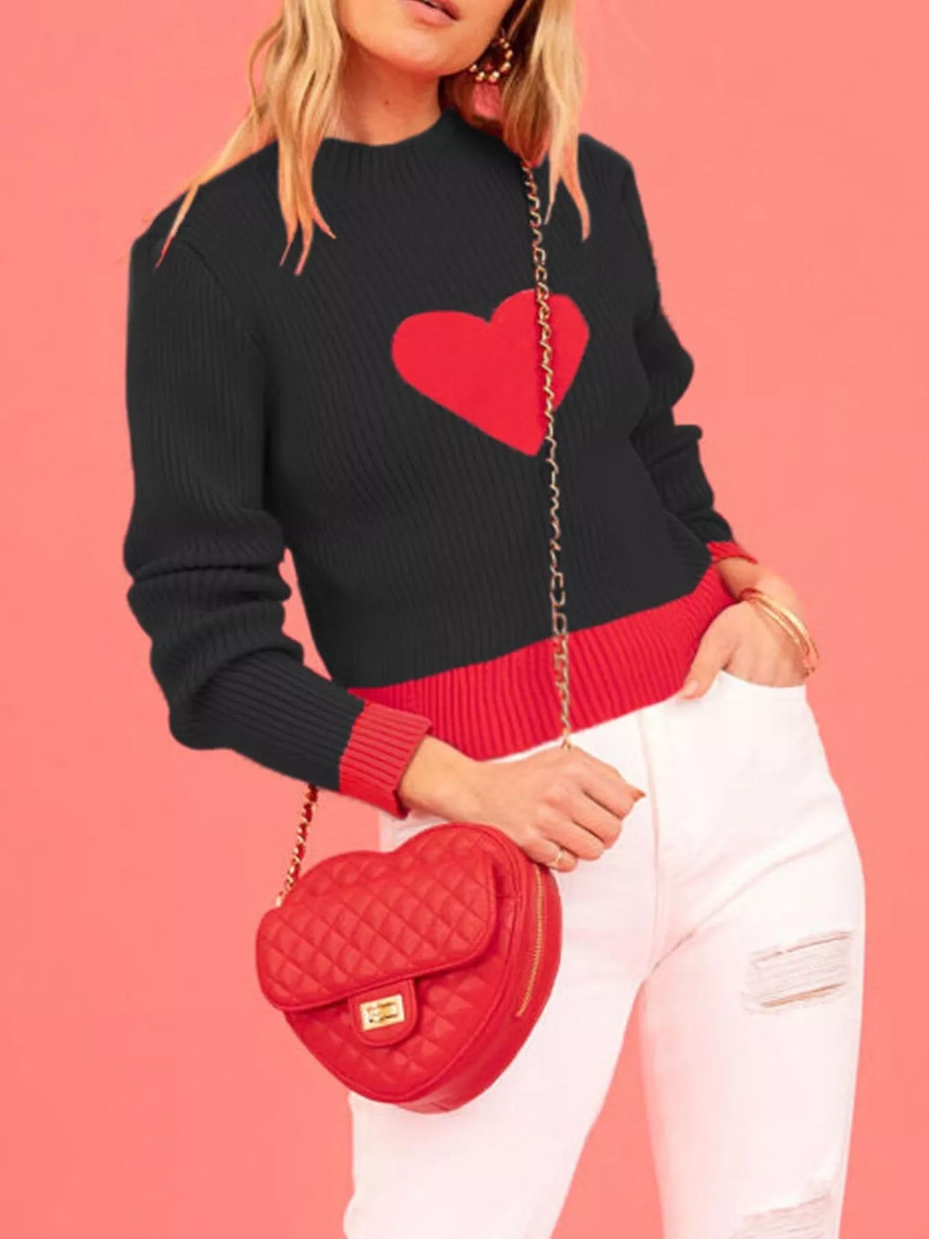 Trendsi Color-Block Heart Pattern Ribbed Knit Sweater -