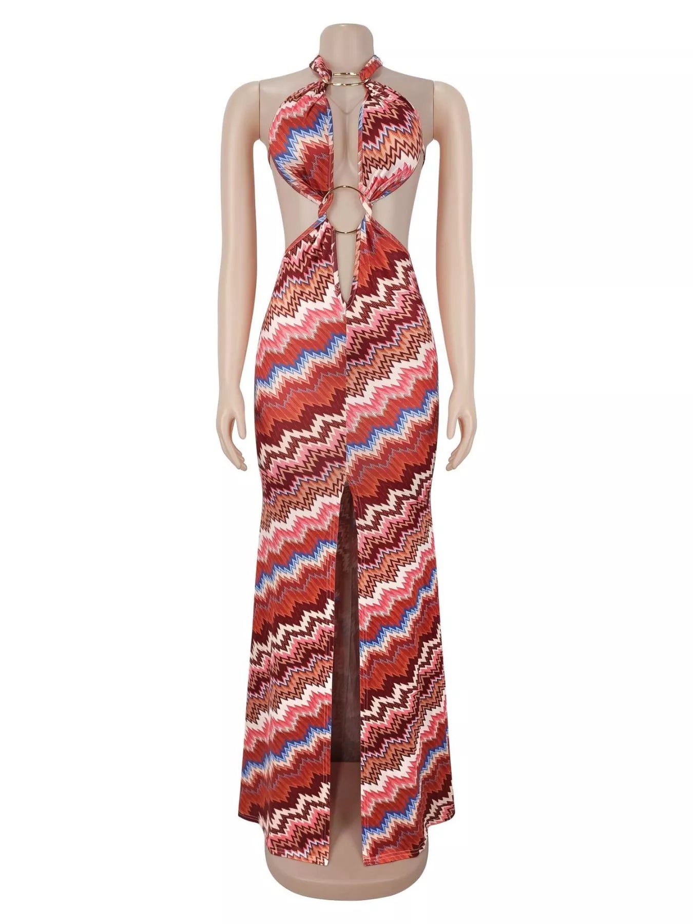 Trendsi Chevron Print Halter Neck Cut-Out Maxi Dress -