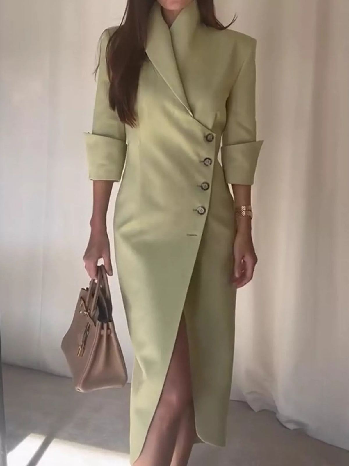 Asymmetric Button-Down Midi Coat in light green